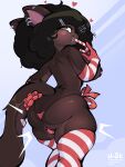 3:4 accessory anthro back_tattoo big_breasts big_butt black_hair black_nose blush breasts brown_body brown_fur brown_nipples bulge bulge_from_behind butt candy candy_cane clothing colored cute_fangs dessert digital_drawing_(artwork) digital_media_(artwork) domestic_cat ear_piercing english_text eyelashes facial_piercing fangs felid feline felis food food_in_mouth fur green_eyes gynomorph hair hair_accessory hairclip heart_symbol hi_res holding_object huge_breasts intersex legwear looking_back mammal nipple_piercing nipples pattern_clothing pattern_legwear pattern_stockings piercing red_clothing red_thong red_underwear shaded simple_background solo stockings striped_clothing striped_legwear striped_stockings stripes tail tattoo teeth text thong three-quarter_view underwear ursk