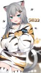  1girl 2022 :d amashiro_natsuki animal_ears animal_print bangs black_choker black_hair blue_eyes blurry blurry_background cat_ears cat_girl cat_tail chinese_zodiac choker collarbone commentary depth_of_field eyebrows_behind_hair fang grey_hair hair_ornament hairclip highres indie_virtual_youtuber long_hair long_sleeves looking_at_viewer multicolored_hair nacho_(amashiro_natsuki) paw_hair_ornament print_shirt shirt sleeves_past_fingers sleeves_past_wrists smile solo streaked_hair symbol-only_commentary tail thighhighs tiger_print virtual_youtuber white_background white_legwear white_shirt year_of_the_tiger 