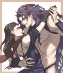  1boy 1girl arm_around_waist battle_tendency black_hair blue_eyes brown_hair dancing dress earrings gloves hand_on_another&#039;s_back hoop_earrings horns jewelry jojo_no_kimyou_na_bouken kars_(jojo) lisa_lisa long_hair muscular muscular_male off-shoulder_dress off_shoulder scarf tango topless_male wavy_hair yepnean 