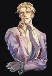  1boy blonde_hair blue_eyes buttons cheekbones diamond_wa_kudakenai formal holding_button jojo_no_kimyou_na_bouken kira_yoshikage male_focus necktie pinstripe_pattern solo striped suit yepnean 