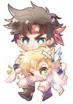  2boys :3 animal_costume animal_ears bandaged_head bandages bandana battle_tendency biting boots bunny_costume caesar_anthonio_zeppeli chibi facial_mark headband highres jojo_no_kimyou_na_bouken joseph_joestar joseph_joestar_(young) multiple_boys rabbit_ears rabbit_tail sky_kiki tail tears wince wing_hair_ornament wristband 