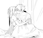  1boy 1girl bleach camisole closed_eyes commentary english_commentary hand_grab hand_on_another's_head hatching_(texture) hetero highres hitsugaya_toushirou kiss kurosaki_karin linear_hatching monochrome robe silegesi strap_slip under_covers 