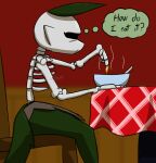 anthro bone bowl canid canine canis chefrens container exposed_bone female food fur furniture green_body green_fur hi_res la_esqueleto_(chefrens) mammal mouthless restaurant ribs skeleton skinless skulldog_(species) solo soup speech_bubble spine table wolf
