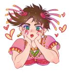  1boy battle_tendency blush breast_padding brown_hair crossdressing food fruit green_eyes hair_ornament hands_on_own_face heart jojo_no_kimyou_na_bouken joseph_joestar joseph_joestar_(tequila) lipstick makeup male_focus messy_hair shou_yinzi solo spiked_hair watermelon 