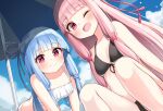  2girls bare_arms bare_legs bare_shoulders bikini black_bikini blue_hair blue_ribbon blush closed_mouth collarbone day eyebrows_visible_through_hair hair_ribbon kotonoha_akane kotonoha_aoi long_hair multiple_girls ominaeshi_(takenoko) one_eye_closed open_mouth parasol pink_hair red_eyes red_ribbon ribbon siblings sisters smile swimsuit twins umbrella voiceroid white_bikini 