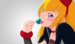  1girl bangs blonde_hair blue_eyes bow candy choker dokidoki!_precure food fuchi_(nightmare) gradient gradient_background hair_bow highres holding holding_candy holding_food holding_lollipop huge_bow licking lollipop long_hair looking_at_viewer portrait precure purple_choker red_bow regina_(dokidoki!_precure) solo tongue tongue_out 