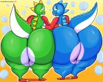  anthro big_butt bob_(bubble_bobble) bub bub_(bubble_bobble) bubble_bobble bubble_dragon butt dinosaur dragon duo finalofdestinations green_body huge_butt lizard looking_at_viewer male mammal nude reptile scalie smile taito thick_thighs video_games wide_hips 