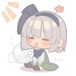  1girl black_bow black_bowtie black_hairband blush_stickers bow bow_hairband bowtie chibi chibi_only commentary flower full_body green_skirt green_vest hair_flower hair_ornament hairband highres hitodama konpaku_youmu konpaku_youmu_(ghost) open_mouth otowa_(otoha4634) short_hair signature sitting skirt sleeping solo sunlight touhou vest white_hair 