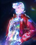  1boy belt black_belt black_pants collared_jacket commentary cowboy_shot diamond_wa_kudakenai glass hand_in_pocket higashikata_josuke highres jacket jojo_no_kimyou_na_bouken looking_at_viewer male_focus open_clothes open_jacket pants pompadour red_jacket ribs sayurkailen see-through_body short_hair short_sideburns sideburns solo spine twitter_username 