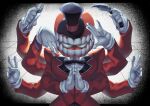  1boy arms_up black_background black_bow black_bowtie black_hat blue_eyes bow bowtie caine_(the_amazing_digital_circus) coat collared_shirt commentary dentures detached_eyes double_v extra_arms eye_in_mouth folding_knife fork gloves green_eyes grid_background hands_up hat heterochromia highres holding holding_fork knife letterboxed long_sleeves looking_at_viewer male_focus numynum red_coat shirt solo switchblade teeth the_amazing_digital_circus traditional_bowtie two-tone_background upper_body v white_background white_gloves white_shirt 