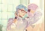  2boys adjusting_hair bathroom blue_hair curly_hair ghiaccio glasses jojo_no_kimyou_na_bouken long_hair male_focus melone multiple_boys purple_hair towel vento_aureo wiping_face yepnean 