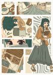  1girl absurdres alternate_costume bag blue_eyes braid bread brown_jacket carrying casual contemporary english_commentary food food_in_mouth green_hair grey_skirt herb highres hilla_rian jacket kusuriya_no_hitorigoto long_skirt maomao_(kusuriya_no_hitorigoto) multiple_views on_bed reading shoulder_bag skirt twin_braids 