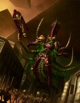  1boy absurdres armor armored_boots army bone_armor boots building claws commentary edgarsh422 emaciated english_commentary floating full_body gauntlets giant glowing glowing_eyes green_eyes helmet highres holding holding_staff levitation lich mage_staff male_focus midriff nagash necromancer outdoors purple_armor purple_helmet pyramid_(structure) ruins signature skeleton skull staff stitched_torso stitches sunlight undead warhammer:_age_of_sigmar warhammer_fantasy zombie 