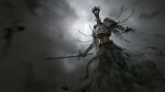  1boy armor black_armor black_helmet black_sky bone bone_armor cape chengjian claws cloud cloudy_sky commentary death emaciated english_commentary fog from_below giant grey_sky grey_theme helmet highres holding holding_sword holding_weapon horror_(theme) lich looking_at_viewer male_focus midriff nagash night no_eyes painterly skeleton skull sky stitched_torso stitches sword torn_cape torn_clothes undead waist_cape warhammer:_age_of_sigmar weapon 