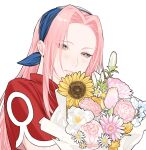  1girl blue_hairband bouquet closed_mouth dress flower green_eyes hairband haruno_sakura highres holding holding_bouquet light_blush light_smile long_hair naruto_(classic) naruto_(series) parted_bangs pink_flower pink_hair pink_tulip red_dress s06666_s short_sleeves solo sunflower tulip upper_body white_background white_flower yellow_flower 