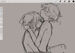  2boys akinashi_haru art_program_in_frame blush closed_eyes completely_nude face-to-face grey_background hand_in_another's_hair highres hug kissing_chest medium_hair monochrome multiple_boys nude ruuya1124 saihate_eki short_hair sitting sitting_on_lap sitting_on_person sweat tatsunami_shion yaoi 