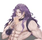  1boy battle_tendency bracer circlet drinking earrings eyeshadow horns iced_coffee jewelry jojo_no_kimyou_na_bouken kars_(jojo) long_hair makeup male_focus manly muscular muscular_male red_eyes sitting solo topless_male wavy_hair yepnean 