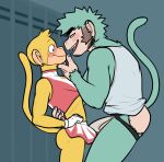  absurd_res cheerleader_outfit clothed clothing duo ear_piercing erection erection_under_clothing haplorhine hi_res locker maicol_(palchamon) male male/male mammal monkey palchamon partially_clothed piercing primate public size_difference 