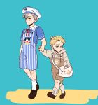  2boys asymmetrical_legwear bag black_sclera blonde_hair blush bookbag child colored_sclera grey_hair hat holding_hands hood hoodie jojo_no_kimyou_na_bouken male_focus multiple_boys overalls pants prosciutto risotto_nero sailor_hat striped striped_pants vento_aureo vertical-striped_pants vertical_stripes yepnean younger 