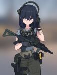  1girl black_gloves black_hair blue_eyes gloves gun handgun headset highres jagd original pistol police police_uniform policewoman rifle taser tattoo uniform weapon 