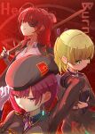  3girls absurdres adjusting_clothes adjusting_headwear ahoge arm_behind_head asami_makiko_(heaven_burns_red) backlighting black_gloves black_hat black_jacket black_ribbon black_skirt blonde_hair blunt_ends bob_cut bow bowtie closed_mouth collared_shirt commentary_request copyright_name cowboy_shot earrings eyepatch fingerless_gloves gloves green_eyes hair_ribbon half_updo hand_up hat heaven_burns_red highres holding holding_notepad holding_sword holding_weapon jacket jewelry light_particles long_sleeves looking_at_viewer medium_hair military_hat military_uniform multiple_girls nanase_nanami_(heaven_burns_red) neck_ribbon notepad one_eye_covered one_side_up open_mouth over_shoulder parted_lips pleated_skirt ponytail psy_(artist) purple_hair purple_ribbon red_background red_eyes red_hair ribbon shirt short_hair signature simple_background skirt smile sword sword_over_shoulder tezuka_saki v-shaped_eyebrows weapon weapon_over_shoulder white_bow white_bowtie white_gloves white_shirt wooden_sword 