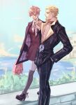  1boy 1girl bag blonde_hair blue_eyes bookbag bow dress dress_bow formal hand_grab height_difference jewelry jojo_no_kimyou_na_bouken necklace oversized_clothes pink_hair prosciutto red_dress short_hair suit thighhighs trish_una vento_aureo walking yepnean 