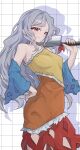  1girl blue_sleeves breasts cleaver commentary detached_sleeves dress grey_hair grid_background hand_on_own_hip highres holding holding_cleaver long_hair looking_at_viewer medium_breasts multicolored_dress open_mouth orange_dress red_dress red_eyes sakata_nemuno shadow single-shoulder_dress single_strap smile solo suzukiairi0001 touhou very_long_hair yellow_dress 