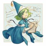  1girl :d artist_request book coco_(tongari_boushi_no_atelier) copyright_name drawing dress french_text green_eyes green_hair happy hat highres looking_at_viewer medium_hair open_mouth pen signature smile solo source_request tongari_boushi_no_atelier translation_request witch witch_hat 