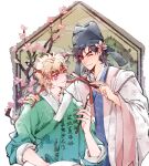  2boys battle_tendency blonde_hair blue_eyes facial_mark folding_fan green_eyes hanbok hand_fan hat headband highres jojo_no_kimyou_na_bouken joseph_joestar joseph_joestar_(young) korean_clothes male_focus multiple_boys one_eye_closed paintbrush samo_(hat) sky_kiki 