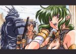  1girl 2boys armlet armor bad_id bandaid bandaid_on_cheek bandaid_on_face black_gloves black_hair black_jacket black_shirt breastplate breasts broken_pillar brown_eyes cleavage closed_mouth day dragon_boy earrings elbow_pads fang furry furry_male gloves green_hair grin hand_in_own_hair hand_up holding holding_sword holding_weapon jacket jewelry kurubushi_(kurubusi) letterboxed multiple_boys necklace open_clothes open_jacket open_mouth original outdoors over_shoulder pillar pointy_ears ponytail red_eyes ruins sheath sheathed shirt short_hair short_ponytail short_sleeves sleeveless sleeveless_shirt smile standing stud_earrings sword sword_over_shoulder traditional_media weapon weapon_over_shoulder white_shirt 