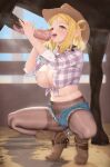  1girl absurdres animal_penis areola_slip artist_name bestiality black_pantyhose blonde_hair blue_sky blush boots breasts brown_boots brown_eyes censored cleavage commentary_request cowboy_boots cowboy_hat denim denim_shorts grabbing_another's_penis hair_rings hat hay highres horse horse_penis large_breasts love_live! love_live!_sunshine!! midriff mosaic_censoring navel ohara_mari open_mouth pantyhose penis plaid_clothes plaid_shirt saliva saliva_trail shirt shorts sky spurs squatting steaming_body sweat tied_shirt tongue tongue_out yonsi 