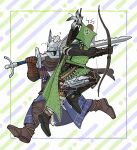  2boys anger_vein arrow_(symbol) bandages belt black_shoes boots bow_(weapon) brown_boots brown_gloves cape carrying carrying_person commentary_request elden_ring elden_ring_nightreign flying_sweatdrops gloves greatsword green_cape green_hood grey_scarf helmet highres holding holding_bow_(weapon) holding_sword holding_weapon hood inset_border ironeye_(elden_ring) kisuke_(rkgk) male_focus multiple_boys over_shoulder scarf shoes sword sword_over_shoulder weapon weapon_over_shoulder winged_helmet wylder_(elden_ring) 