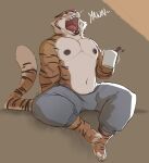  2022 anthro areola beverage biceps black_areola black_nipples bottomwear bottomwear_only bulge clothed clothing coffee coffee_mug container cup digital_media_(artwork) english_text felid fur hi_res holding_beverage holding_object male mammal minedoo muscular muscular_anthro muscular_male navel neck_tuft nipples onomatopoeia open_mouth pantherine pants pecs signature simple_background sitting slightly_chubby slightly_chubby_anthro slightly_chubby_male solo sound_effects striped_body striped_fur stripes teeth text tiger topless topless_anthro topless_male tuft whiskers yawn 