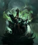  1boy armor black_armor black_helmet bone bone_armor book commentary copyright_name english_commentary ghost giant glowing helmet highres holding holding_book holding_sword holding_weapon horror_(theme) igor_sid indoors lich male_focus midriff nagash no_eyes official_art on_throne sculpture sitting solo stairs sword throne undead warhammer:_age_of_sigmar weapon web_address 