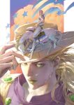  2boys absurdres adjusting_clothes adjusting_headwear ankle_boots bandana blonde_hair boots cloud commentary cowboy_hat goggles goggles_on_headwear green_eyes green_lips gyro_zeppeli hat highres holding holding_reins horseback_riding horseshoe_ornament johnny_joestar jojo_no_kimyou_na_bouken looking_at_viewer male_focus multiple_boys reins riding saddle saddle_blanket slow_dancer_(jojo) star_(symbol) star_print steel_ball_run whistle_0324 white_boots 