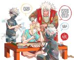  3boys absurdres blonde_hair english_text grey_hair hatake_kakashi highres jiraiya_(naruto) kokodrawings long_hair male_focus multiple_boys namikaze_minato naruto_(series) spiked_hair sweat teacher_and_student white_hair 