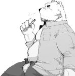  2022 anthro belly bottomwear bulge clothed clothing hagom hi_res humanoid_hands kemono male mammal moobs navel open_clothing open_shirt open_topwear overweight overweight_male pants shirt simple_background sitting solo topwear underwear ursid white_background 