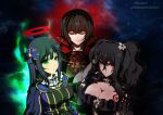  3girls absurdres artist_name aura black_hair breasts cape cleavage colored_skin facial_mark flower fubuki_(senran_kagura) green_eyes hair_flower hair_ornament hair_ribbon highres kagura_(senran_kagura) large_breasts long_hair looking_at_viewer manuel multicolored_eyes multiple_girls night night_sky red_cape red_eyes red_halo ribbon ryouki_(senran_kagura) senran_kagura senran_kagura_burst senran_kagura_estival_versus senran_kagura_new_link serious sky twintails twitter_username very_long_hair wavy_hair white_skin 