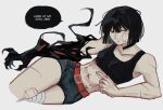  1girl asymmetrical_arms bandaged_knees bandages bandaid bandaid_on_face bandaid_on_thigh belt black_choker black_hair blunt_ends bob_cut breasts choker claws commentary deimos_(sy_no) denim denim_shorts english_commentary english_text highres looking_at_viewer lying midriff mismatched_arms monster_arm mouth_hold multiple_scars muscular muscular_female on_side original pointing_at_hand red_belt red_eyes scar scar_on_arm scar_on_thighs short_hair shorts simple_background small_breasts solo speech_bubble sports_bra stalk_in_mouth sy_no tomboy toned toned_female white_background 