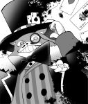  1other ace_(playing_card) ace_of_hearts ace_of_spades blue_archive bow bowtie buttons card cat character_playing_cards commentary_request dissolving doku_yanagi double-breasted facial_hair flower goz_(blue_archive) greyscale grin hand_on_own_hat hat heart highres jacket looking_at_viewer monochrome monocle mustache other_focus playing_card smile solo spade_(shape) suit_jacket top_hat traditional_bowtie upper_body 