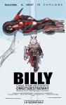  1boy akira_(manga) akira_movie_poster arm_mounted_weapon billy_kid billy_kid_(starlight) black_jacket black_pants character_name clothed_robot commentary english_commentary english_text from_above highres horns humanoid_robot jacket male_focus motor_vehicle motorcycle omgitsdestnoway pants poster_parody red_scarf robot robot_boy scarf shadow solo spiked_hair white_hair zenless_zone_zero 