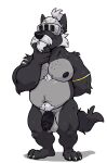 adastra adastra_(series) anthro balls black_body black_fur black_nose body_hair canid canine canis cato_(adastra) chest_hair covered_eyes echo_project fur genitals hi_res male mammal nipples paws penis pubes saiterfroha scar solo tail vein visor visor_helmet wolf