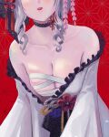  1girl bangs black_choker breasts chest_sarashi choker cleavage collarbone commentary dalcom dated_commentary hair_ornament hair_ribbon head_out_of_frame hololive japanese_clothes kimono large_breasts long_sleeves medium_hair red_background ribbon sakamata_chloe sarashi silver_hair solo tassel tongue tongue_out virtual_youtuber white_kimono 