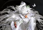  1girl absurdres apron black_background blue_eyes bow cowboy_shot flower flower_eyepatch frilled_apron frilled_sleeves frills hair_bow highres japanese_clothes kimono leaf leaf_on_head long_hair long_sleeves orange_flower orange_kimono orange_rose original parted_lips red_flower red_rose rose smile solo tsurime very_long_hair vihua6 white_apron white_bow white_flower white_rose 