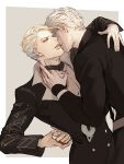  2boys blonde_hair formal grey_hair jewelry jojo_no_kimyou_na_bouken kiss kissing_neck male_focus multiple_boys muted_color neckerchief necklace prosciutto risotto_nero silver_hair suit undressing vento_aureo yaoi yepnean 