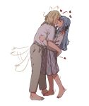  2girls bang_dream! bang_dream!_it's_mygo!!!!! barefoot blonde_hair blue_hair chinese_commentary closed_eyes commentary_request drawn_ears drawn_tail foot_blush french_kiss grey_pants grey_skirt heart highres hug kiss long_hair long_sleeves medium_hair misumi_uika multiple_girls pants qpeatcat shirt short_sleeves sidelocks simple_background skirt standing togawa_sakiko white_background white_shirt yuri 