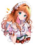  1girl alternate_costume bangs blunt_bangs blush cropped_torso dress enmaided eyebrows_visible_through_hair frilled_sleeves frills green_eyes hair_intakes head_tilt heart heart_print highres holding holding_hair idolmaster idolmaster_(classic) idolmaster_million_live! idolmaster_million_live!_theater_days light_smile looking_at_viewer maid maid_headdress orange_hair pinafore_dress puffy_short_sleeves puffy_sleeves short_sleeves simple_background solo takatsuki_yayoi twintails upper_body wavy_hair white_background wrist_cuffs yuanagae 