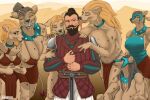 anthro armor barnikan beard big_breasts black_hair black_nose blonde_hair bottomwear breasts brown_body brown_fur brown_hair clothed clothed_anthro clothed_female clothed_human clothed_male clothing collar face_lick facial_hair facial_piercing female female_anthro female_on_human fur grin group hair hi_res huge_breasts human human_on_anthro hyena interspecies licking loincloth male male/female male_human male_on_anthro mammal melee_weapon mustache nimander_breeze nose_piercing nose_ring piercing ring_piercing skirt smile songs_of_conquest sword teeth tongue topless topless_anthro topless_female weapon