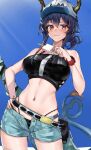  1girl :p arknights bangs bare_shoulders baseball_cap belt belt_pouch bikini black_bikini black_hair blue_shorts blue_sky blush breasts ch&#039;en_(arknights) closed_mouth cowboy_shot day dragon_girl dragon_horns dragon_tail eyebrows_visible_through_hair female_tourist_c_(arknights) food hand_on_hip hat heart heart_tail highres holding holding_food horns horns_through_headwear large_breasts light_rays long_hair looking_at_viewer multicolored_hair navel open_fly outdoors popsicle pouch red_eyes red_hair short_ponytail shorts sky smile solo srpzk stomach streaked_hair sunbeam sunlight swimsuit tail tongue tongue_out two_side_up watch white_headwear wristwatch 