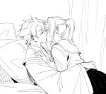  1boy 1girl bleach bleach:_sennen_kessen-hen blush closed_eyes commentary curtains english_commentary haori hatching_(texture) hetero highres hitsugaya_toushirou japanese_clothes kiss kurosaki_karin monochrome pillow pleated_skirt school_uniform serafuku shihakusho silegesi skirt taichou_haori 